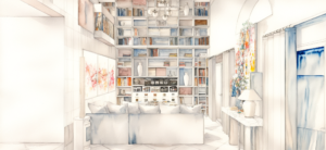 esquisses salon cathédrale avec meuble bibliothèque
