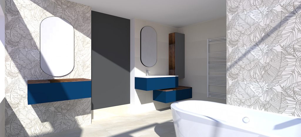 salle de bains beige et bleu